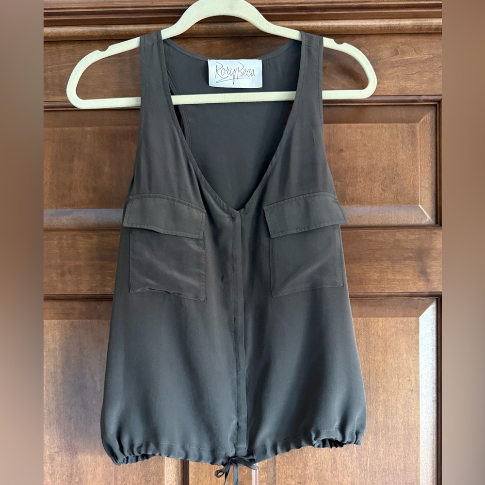 RORY BECCA 100% SILK Khaki green sleeveless blouse -Size S